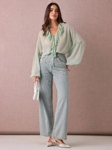 Enchnt Damen Einfarbige Bluse mit Kontrast-Spitzenrüschen und weiter Passform, Langarm - Grün - Übersicht 3