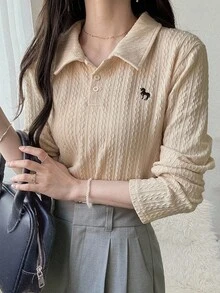 FRIFUL Women's Beige Textured Fabric Embroidered Print Shirt Collar Long Sleeve Casual Loose Fit Versatile T-Shirt, Autumn - Beige - View 3