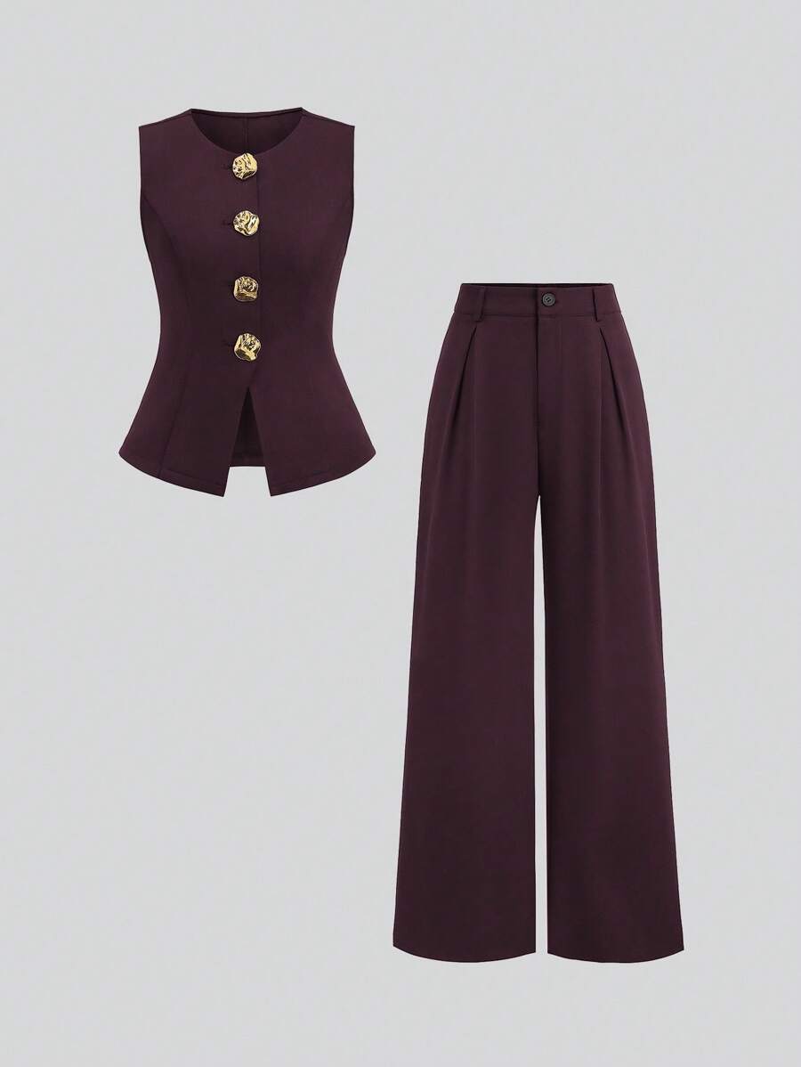 Sweetra Women's Summer Versatile Gold Button Sleeveless Top & Draping Wide Leg Pants - Burgundy - View 1