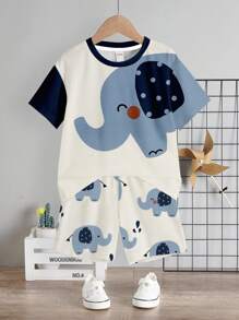 SHEIN 男婴休闲圆领短袖大象印花上衣和短裤两件套，适合夏季穿着，男婴服装，大象图案，男婴夏季套装，男婴夏季服装，男婴大象套装，男婴夏季服装