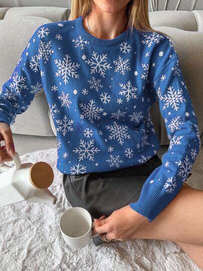 EURMUSE Women's Snowflake Pattern Crew Neck Loose Fit Casual Sweater,Jumper,Cream Jumper,Jumpers,Black Jumper,Women's Jumper,White Jumper,Women's Jumper,Women's Jumpers,Winter Clothes