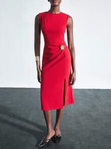 Maija Váy dài vừa phải không tay thắt eo màu đỏ trang trí kim loại cho nữ - Đỏ - Xem 6