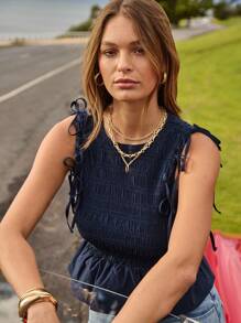 Aralina 秋冬褶皱细节背心，可拆卸泡泡袖，蝴蝶结细节娃娃装，斯德哥尔摩风格 Y2K 可爱上衣 - 藏蓝色 - 查看 9