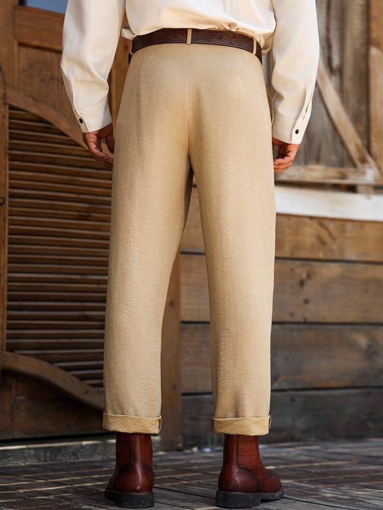 Manfinity Nomadique 男士休闲百搭通勤纯色锥形裤宽松卡其裤卡其色桶裤米色裤子，秋季男士 - 卡其色 - 查看 4