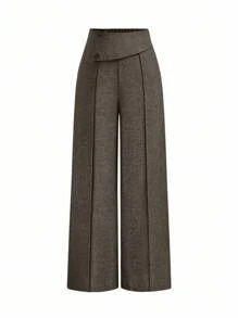 SHEIN Tall 大码女式优雅百搭纽扣装饰简约办公/通勤西装裤 - 咖啡棕 - 查看 1
