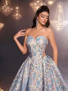 Glamrae 优雅奢华露肩浅金色和蓝色提花花卉舞会礼服，适合返校派对、单身派对、婚礼、派对、度假、宴会 - 彩色 - 查看 2