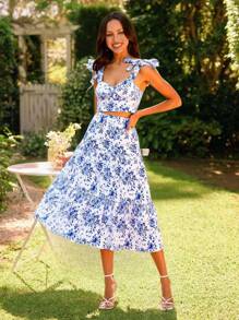 KARISMINA 梭织印花系带短款修身女式吊带背心，春季女式街头服饰，休闲度假，夏季度假上衣，可爱夏季上衣 - 淺藍色 - 查看 3