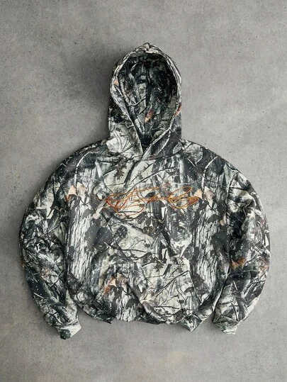  PAVTROS Manfinity Streetrush 男士街头风流行INS风搭配帽，男士街头风流行INS风搭配刺绣手写文字迷彩图案毛边帽，适合户外音乐节、夜店、酒吧，男友/老公礼物，周年纪念礼物，抓绒连帽衫，街头服饰，运动服，保暖冬季，圣诞节