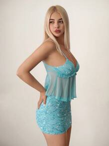SHEIN ICON Women's Summer Casual Vacation Ruffle Trim Camisole Top & Mini Skirt 2 Pieces Set Fall Women Clothes Aqua Dress Sequin Dress - Teal Blue - View 12