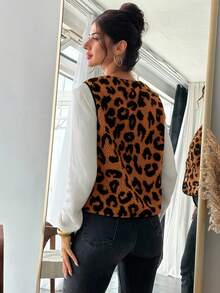 Firerie Damen Leoparden-Muster Teddy-Fleece Einreiher Lässig Weste Jacke für Herbst/Winter