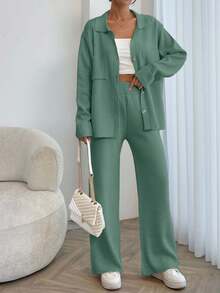 EURMUSE Women Solid Color Collar Neck Front Button Pocket Detailed Pullover & Sweater Pants Set,Winter Clothes - Mint Green - View 4
