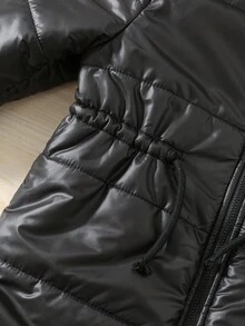 SHEIN 1 buc Palton matlasat pentru băieți, casual, universitar, confortabil, minimalist, practic, versatil, contrastant, căptușit termic, cu glugă până la genunchi, pentru întoarcerea la școală, purtare zilnică, școală, ieșiri, sport, palton de toamnă/iarnă, palton negru de iarnă pentru băieți, palton pufos cu căptușeală din sherpa - Negru - Vizualizare 5