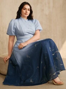 Anewsta Plus Size Women's Elegant Purple Ombre Bubble Embroidery Dress, Spring/Summer - Blue - View 1