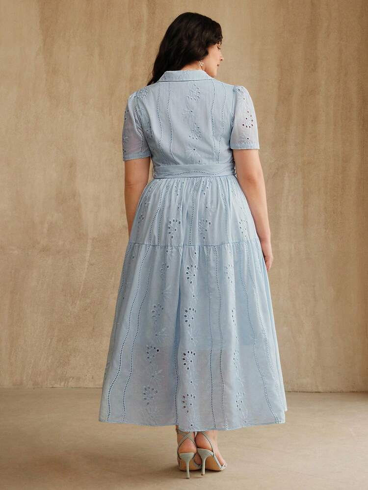 Women's Elegant Vacation Shirt Collar Short Sleeve Cinched Waist Loose Dress, Plus Size, Spring/Summer