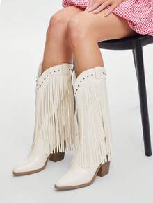 Solezae Giày bốt cao gót mũi vuông tua rua kiểu miền Tây thoải mái cho nữ - trắng - Xem 5