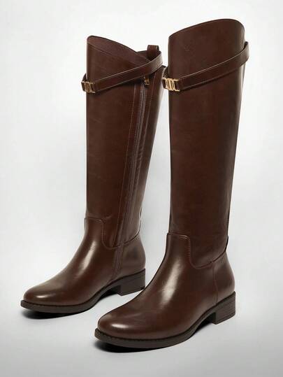 Solezae Women Everyday Casual Comfortable Round Toe Chunky Heel Knee-High Boots With Metal Decor For Christmas