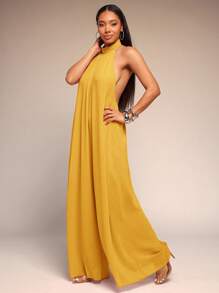 Vixey Solid Chiffon Halter Neck Open Back Wide Leg Jumpsuit - Yellow - View 5