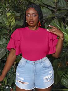 Slaydiva Plus Size Summer Holiday Multilayer Ruffle Sleeve Bodycon Bodysuit Bodysuits For Women Pluswhite Bodysuitplus Size Bodysuit - Hot Pink - View 5