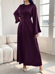 Modelyn 勃艮第红女士纯色缎面优雅束腰连衣裙，优雅晚会礼服长款晚礼服 - 紫色 - 查看 5