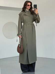 Aloruh 秋冬新款简约时尚立领喇叭腰系带宽松休闲长款风衣 - 綠色 - 查看 3