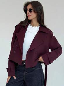 Aloruh 女士休闲通勤纯色双排扣风衣秋季女装秋季所有女装秋季女装秋季女装秋冬女装冬季女装冬季外套女返校节学校老师栗色短款风衣外套超短款气质显瘦深秋女神显瘦酒红色西装外套