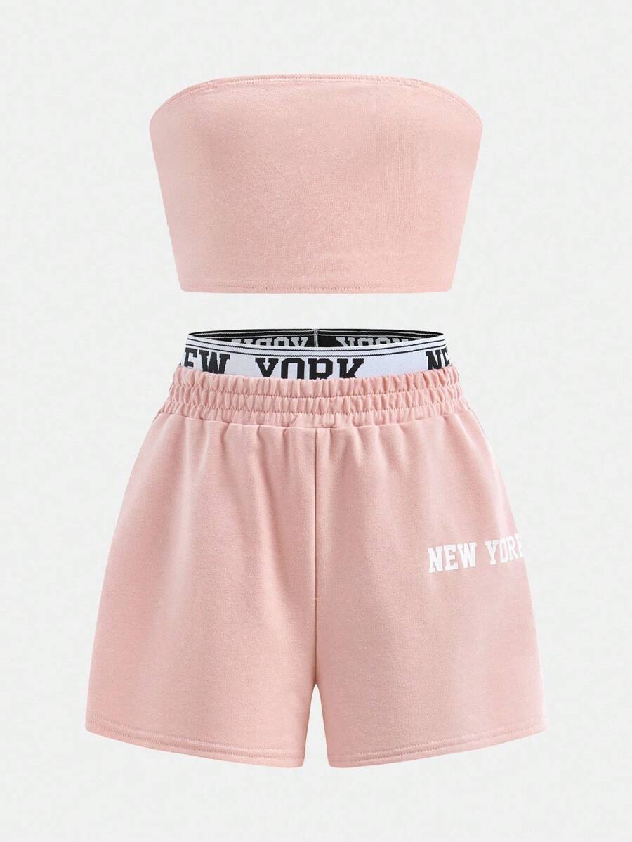 SHEIN Girlism 青少年女孩休闲街头风格标语印花运动衫和短裤，合身纯色吊带背心三件套 - 藕粉色 - 查看 1