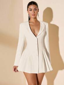 SHEIN BAE 女式优雅褶皱连衣裙，深 V 领，翻领，前襟纽扣，长袖，纯白色，夏季 - 杏色 - 查看 8