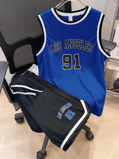 SHEIN Teen Boy Casual Comfortable Printed Tank Top And Knit Shorts Set