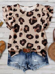 EMERY ROSE 加大码女式豹纹荷叶边下摆圆领短袖衬衫，休闲度假时尚，适合返校、返校节、夜间外出 - 彩色 - 查看 1