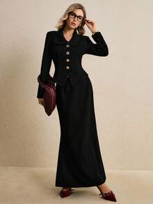 Poéselle 女士优雅通勤纯色夹克和裙子套装 - 黑色 - 查看 2