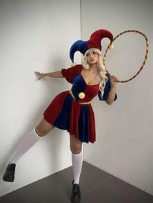 Sunspun 加大码女式天鹅绒方领泡泡袖拼色短袖小丑万圣节优雅休闲角色扮演 A 字裙 - 彩色 - 查看 7