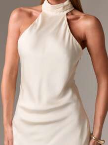 AiiRZ Đầm Maxi dạ hội cổ cao thanh lịch, dáng ôm vừa vặn, dài chấm đất, dành cho khách dự tiệc cưới, váy dài bằng vải satin cho những dịp đặc biệt - Màu be - Xem 6