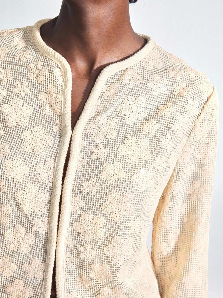 SHEIN Maija Women's Apricot Sequin Embroidered Round Neck Drop Shoulder Long Sleeve Front Open Cardigan, Versatile Fashion Essential For All Seasons, Elegant Business Casual Office Wear, Low-Key Vintage Vibe, High-End Urban Commuter Style, Suitable For Social, Vacation, Party Occasions Cardigans Fall Clothes Fall Women Clothes Wedding Guest Dress Elegant Modern Vacation Nomadic Casual Fashion All-Match Women's Country Concert Clothing Western Style