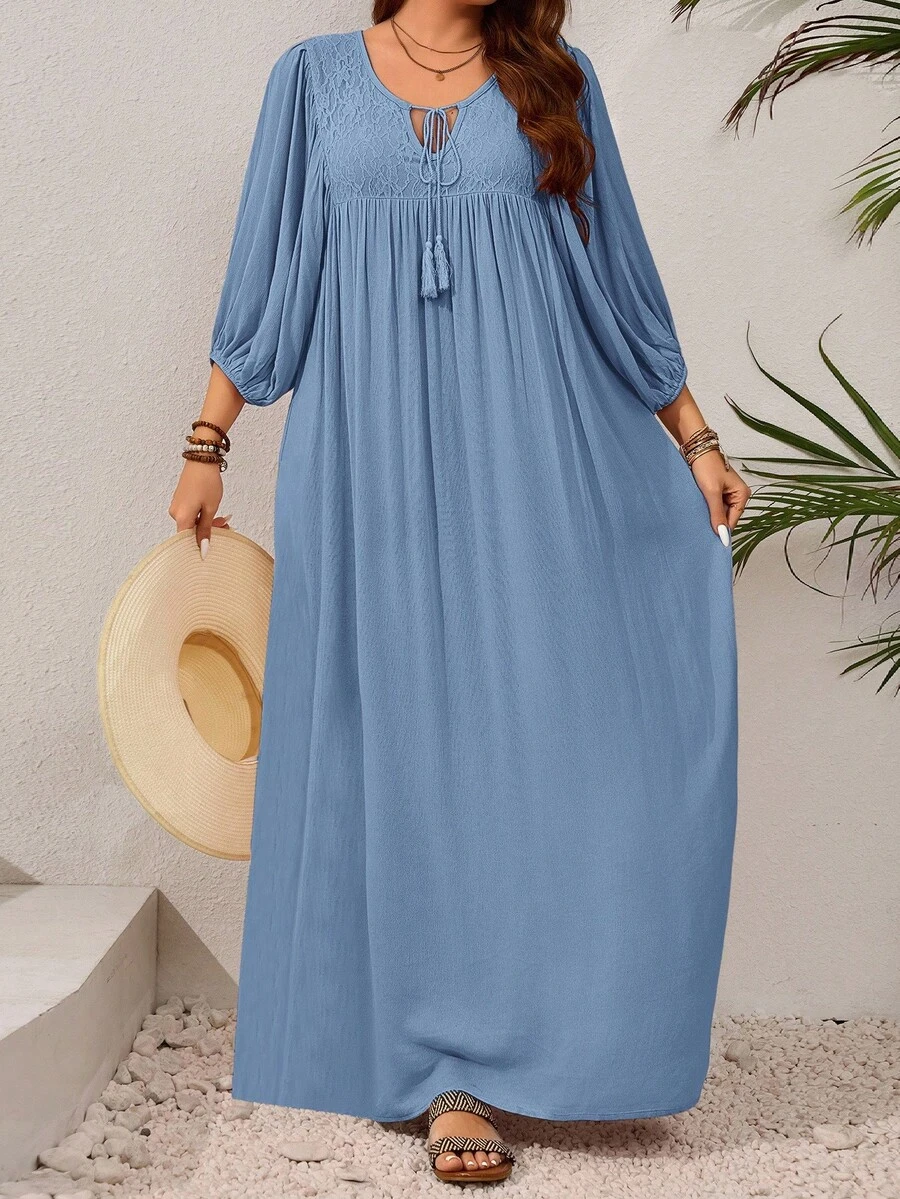 EMERY ROSE Đầm thường ngày cổ lọ tay đèn lồng phối ren tua rua cỡ lớn cho nữ - Màu xanh nhạt - Xem 1