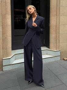 Aloruh 女士纯色翻领长袖夹克和裤子通勤日常基本款秋冬套装 - 藏蓝色 - 查看 3