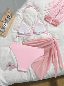 SHEIN 3pcs Teen Girl Swimsuit Set, Black Series, Beach Holiday Party, Spring/Summer 3 Piece Swimsuit Set Teen Bikini 3 Piece Set Pink Teen Swimsuit Bathing Suit Set Girls Bikini Set Stylish Pink Halter Bikini And Skirt Set For Teen Girls Ideal For Summer Getaways Teen Girls Pink Halter Bikini Set With Asymmetrical Skirt Perfect For Vacations Vacation-Ready Pink Halter Neck Bikini Set With Short Skirt Wrap For Teens Vacation-Ready Plain Pink Halter Bikini With Short Sheer Skirt Pink Teen Swimsuits