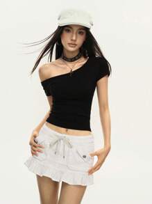 Rina Fox 女士系腰荷叶边下摆短款牛仔迷你裙