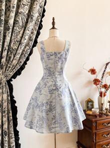 Vintamour 复古经典优雅女装，春夏修身提花连衣裙，无袖直筒连衣裙，短裙，喇叭裙，太阳裙 - 藍色 - 查看 2