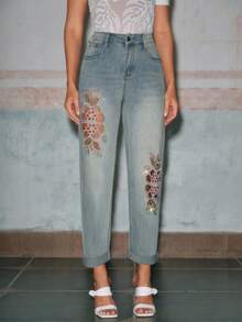 Anewsta Elaire Jeans casuales lavados con bordado floral, calados y decorados con rhinestones - Azul - Ver 4