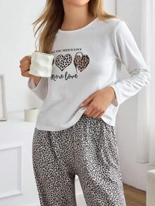 EURMUSE Bawełniana koszula z długim rękawem i nadrukiem w serca oraz spodnie w panterkę, Homewear Comfort Pajama Set - Wielokolorowe - Zobacz 4