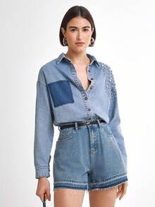 Daynim Women's Pocketed Frayed Hem Loose Casual Denim Shorts Loose Wide Leg - Medium Wash - View 4