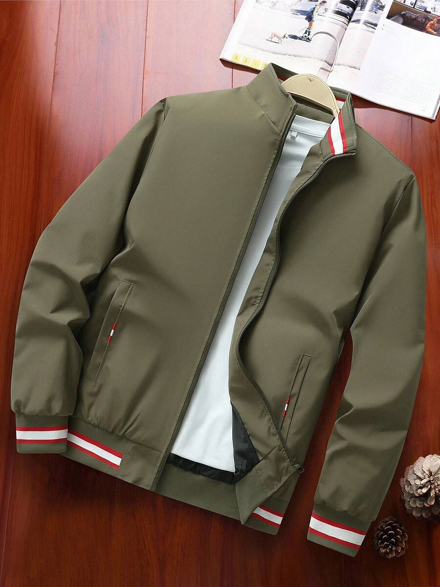 Manfinity Homme Giacca bomber da uomo con bordi a righe, vestibilità morbida (senza maglietta), autunno