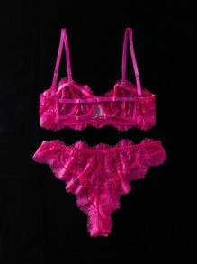 SHEIN 2pcs Plus Size Women Lace Strapless Bandeau Sheer Lingerie Set Pink Lace Lingerie Set, Lift