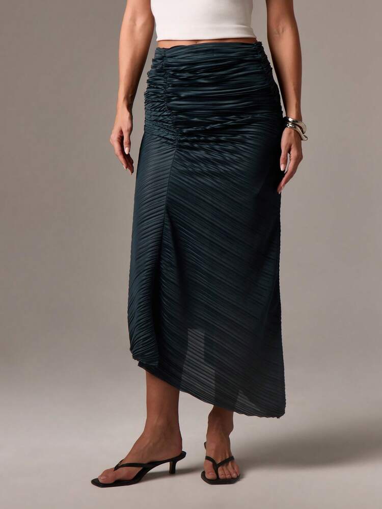 Pleated Satin Midi Skirt With Asymmetric Hem