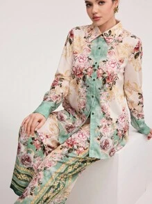 Veilorie 2pcs Women's Front Button Up Long Sleeve All-Over Print Top And Pants Set 2 Pieces Set - Multicolor - View 7