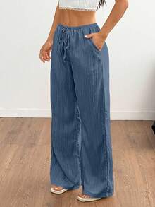 SHEIN Tall 女式纹理面料腰带裤 - 水鴨藍 - 查看 6
