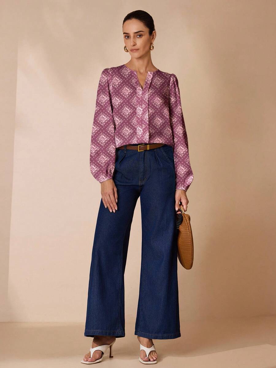 Shutterstock Glamance Camisa casual y de oficina con estampado total, adecuada para primavera y otoño, blusas estampadas para mujer - Burdeos - Ver 1