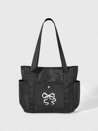 Kawaii 84225 Bestickter Schleifen Oxford Nylon Shopper für Frauen, wasserdichte Pendlertasche, schwarze Reißverschluss Handtasche mit großer Kapazität, geeignet für Badmintonschläger, Schulanfang