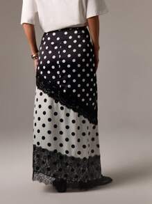 AiiRZ 波尔卡圆点黑白蕾丝边高腰侧开衩长裙优雅晚会场合装婚礼宾客节日夏秋时尚 - 黑與白 - 查看 2