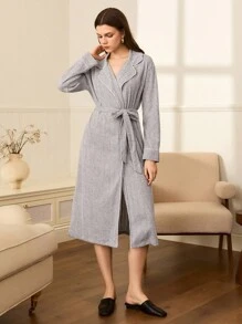 女式休闲优雅撞色翻领拉绒长袍，秋季 - 灰色 - 查看 5